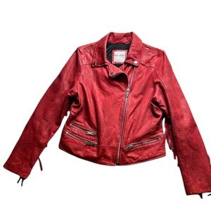 Chelsea DeBoer by Lily G Lottie Red Distressed Leather Moto Jacket with fringe